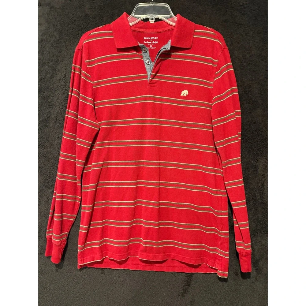 Banana Republic Striped Polo Shirt Long Sleeve Casual Red‎ Elephant Logo M